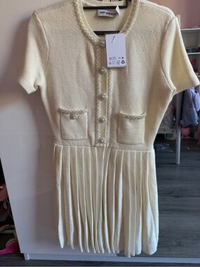 Self-Portrait Cream Pleated Knit Dress with Pearl Trim with 1 missing button